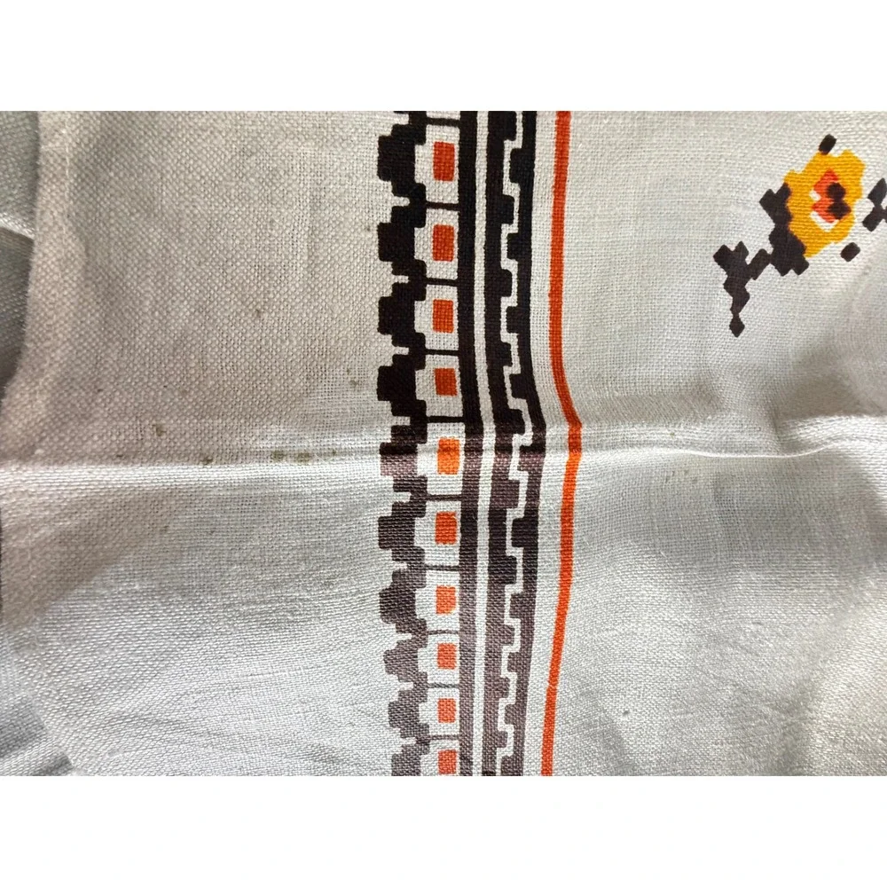 VTG Floral Cross Stitch Print Linen Tablecloth Cream Orange 51x26 Mid Century‎
